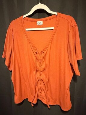 Orange Lace-Up V-Neck Short Sleeve Top